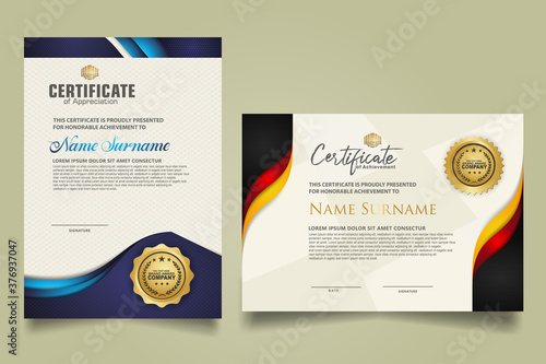 set vertical and horizontal certificate template with wave ornament and modern texture pattern background