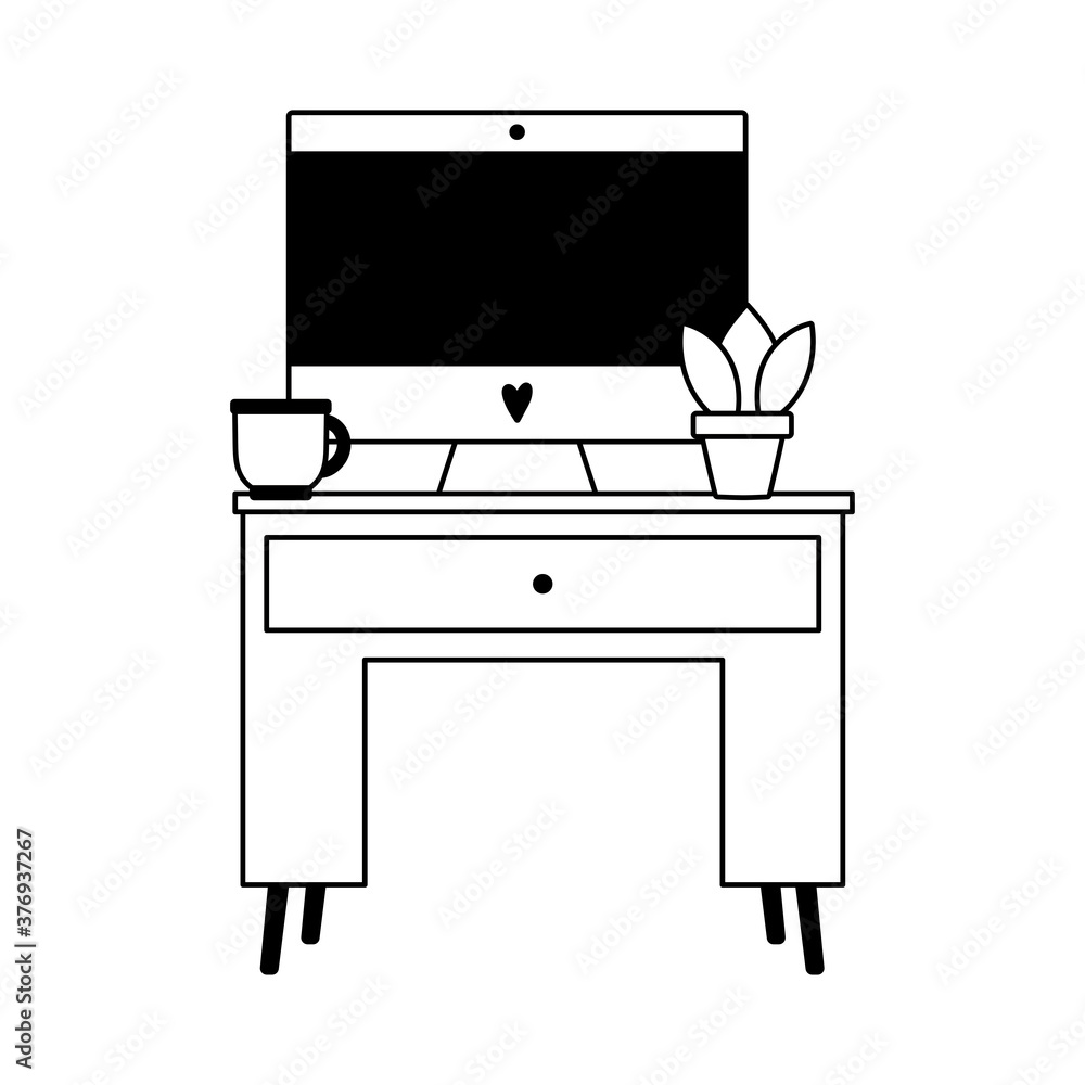 workspace table with computer coffee cup and plant isolated icon line style workspace table with computer coffee cup and plant isolated icon line style