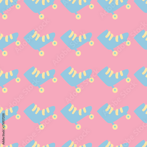 Summer bright hipster sporty seamless pattern with rollers. Hand drawn doodle blue ornament on pink background.