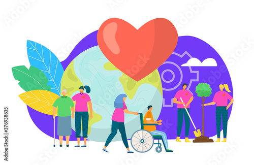 Volunteers group concept, vector illustration. Volunteering, charity, people and ecology. Group of volunteers planting trees in park, care for eldery. Volunteers organisation and participation.
