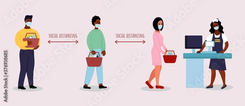 queue at the supermarket. Social Distancing, People keeping distance for infection risk and disease, wearing a surgical protective Medical mask. Cartoon vector.