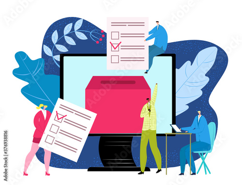 Vote concept in flat style, election in government vector illustration. People voting, putting paper in ballot box. Voters with their choice at poll. Political compain, referendum for democracy.