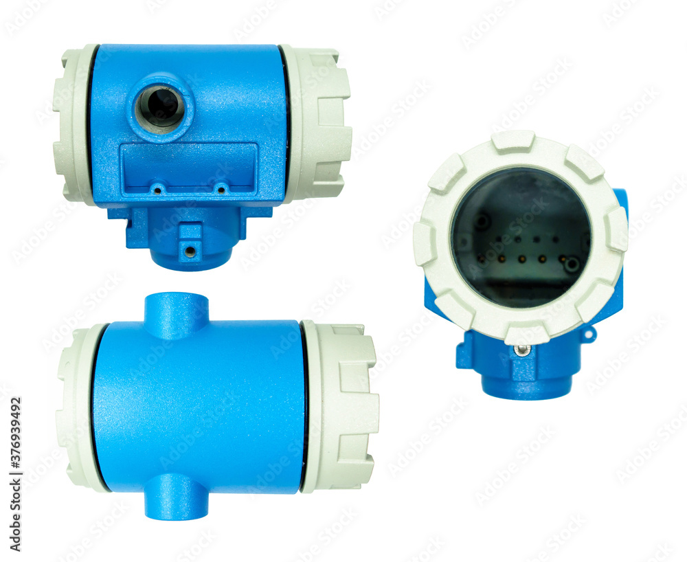 Housing for pressure, temperature, level and flow sensors. Side, top and front views. Housing for pressure, temperature, level and flow sensors. Side, top and front views.
