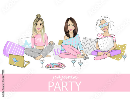 Pajama party vector illustration with beautiful young women, girls, teenagers. Poster, cover or banner for a fun event.
