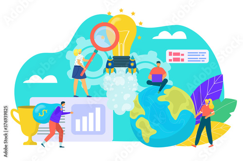 Idea concept, creativity and business solution vector illustration. Tiny people look for light bulb, strategy, brainstorming and creative thinking. Inventions in world, new concepts and ideas.