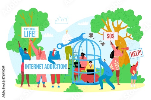 Internet addiction concept vector illustration of young people using devices such as laptop, smartphone, tablets. People addicted to gadgets with social media adict symbols, slogans of protest.