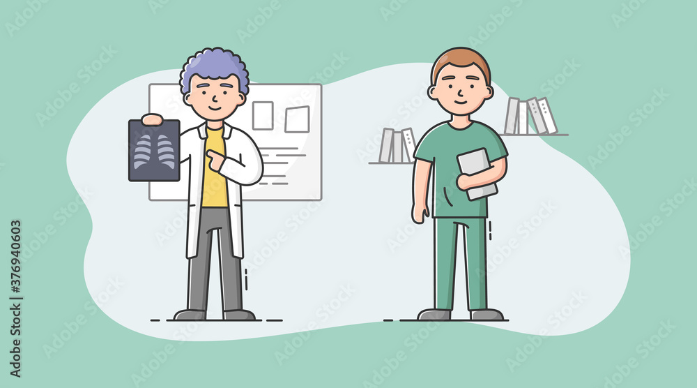Medical Staff, Healthcare And Medicine Concept. Hospital Staff Men Radiologist With Chest X-Ray In Hand And Surgeon With Tablet, On Duty In Hospital. Cartoon Linear Outline Flat Vector Illustration Medical Staff, Healthcare And Medicine Concept. Hospital Staff Men Radiologist With Chest X-Ray In Hand And Surgeon With Tablet, On Duty In Hospital. Cartoon Linear Outline Flat Vector Illustration