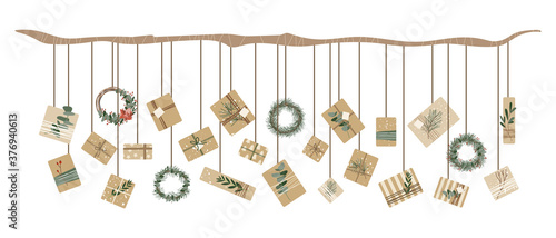 Hanging christmas presents in kraft paper and wreaths. Rustic gift box. Eco decoration, eucalyptus and spruce. Xmas and New Year celebration preparation. Vector flat cartoon style