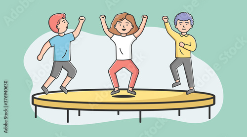 Concept Of Entertainments And Sport. Group Of Of Teens Boys And Girls Jumping On Trampoline In Activity Park Or Gym. Friends Have A Good Time Togethe. Cartoon Linear Outline Flat Vector Illustration