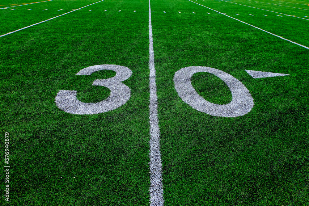 Football Field Green Yard Markers to Goal Line Touchdown Endzone Game Competition Football Field Green Yard Markers to Goal Line Touchdown Endzone Game Competition