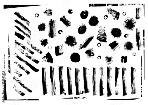 Vector black and white ink splash, blot and brush stroke, Geometrical grunge textured elements for design, backgrounds.