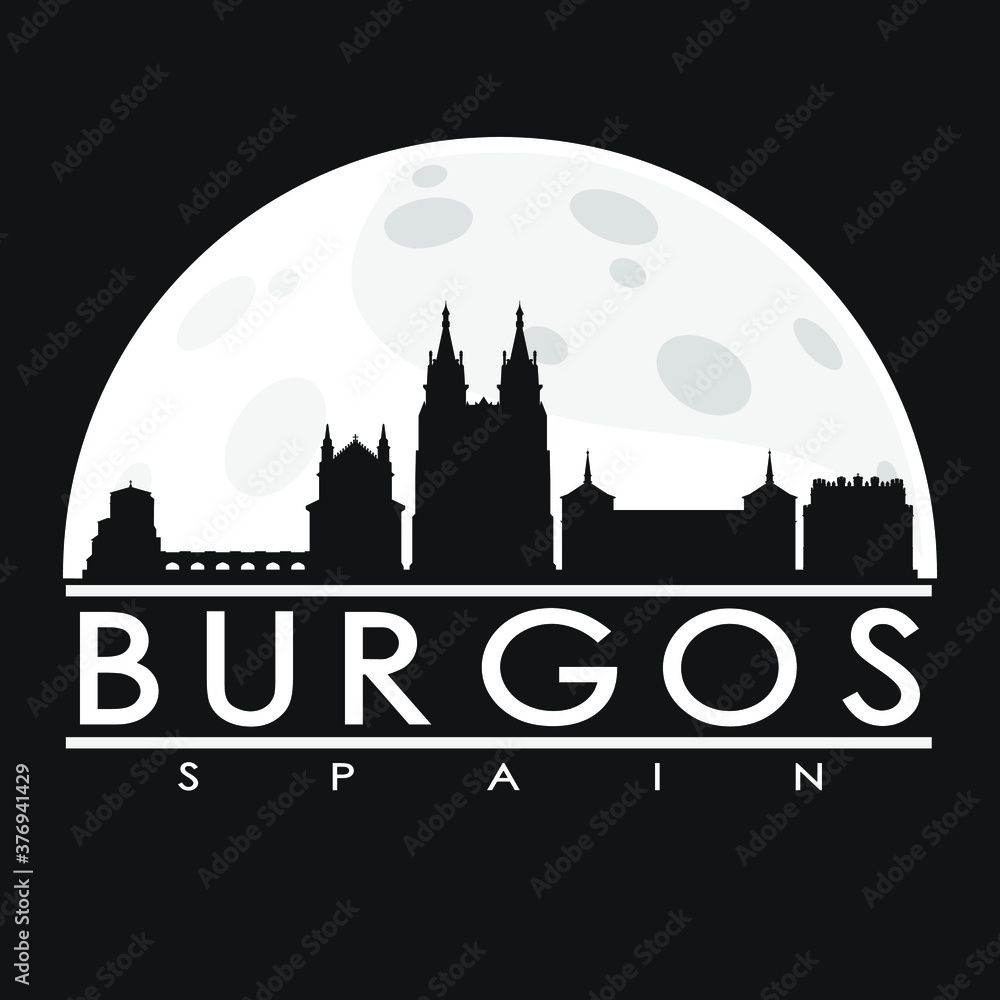 Burgos Spain Moon Skyline City Flat Silhouette Design Background.