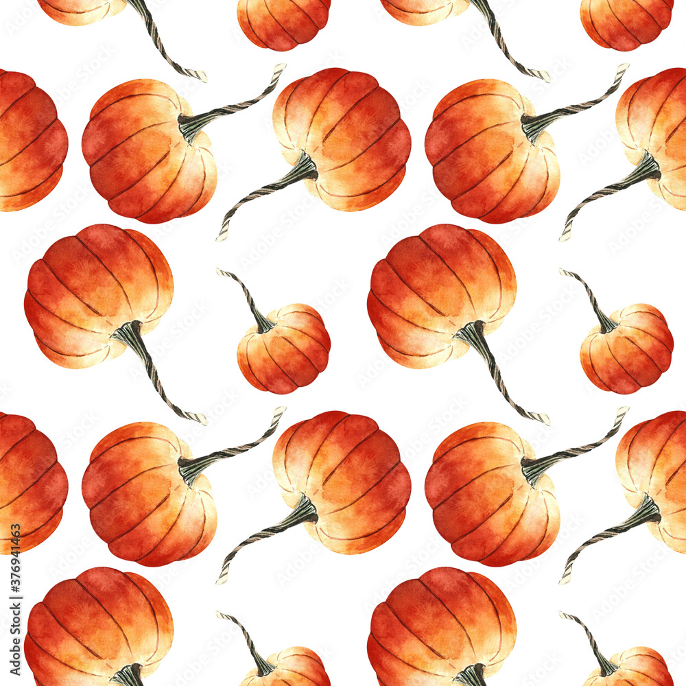 Fototapeta premium Seamless pattern with pumkins on white background. Watercolor illustration.