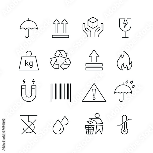 Cardboard box symbols related icons: thin vector icon set, black and white kit