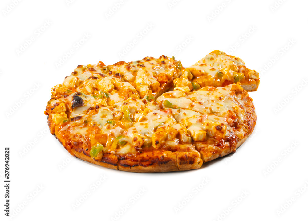 Indian Style of Italian Dish Paneer Pizza Topped with Cottage Cheese on Isolated White