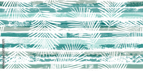 Tropical pattern, palm leaves seamless vector floral background. Exotic plant on pastel stripes print illustration. Summer nature jungle print. Leaves of palm tree on paint lines. ink brush strokes