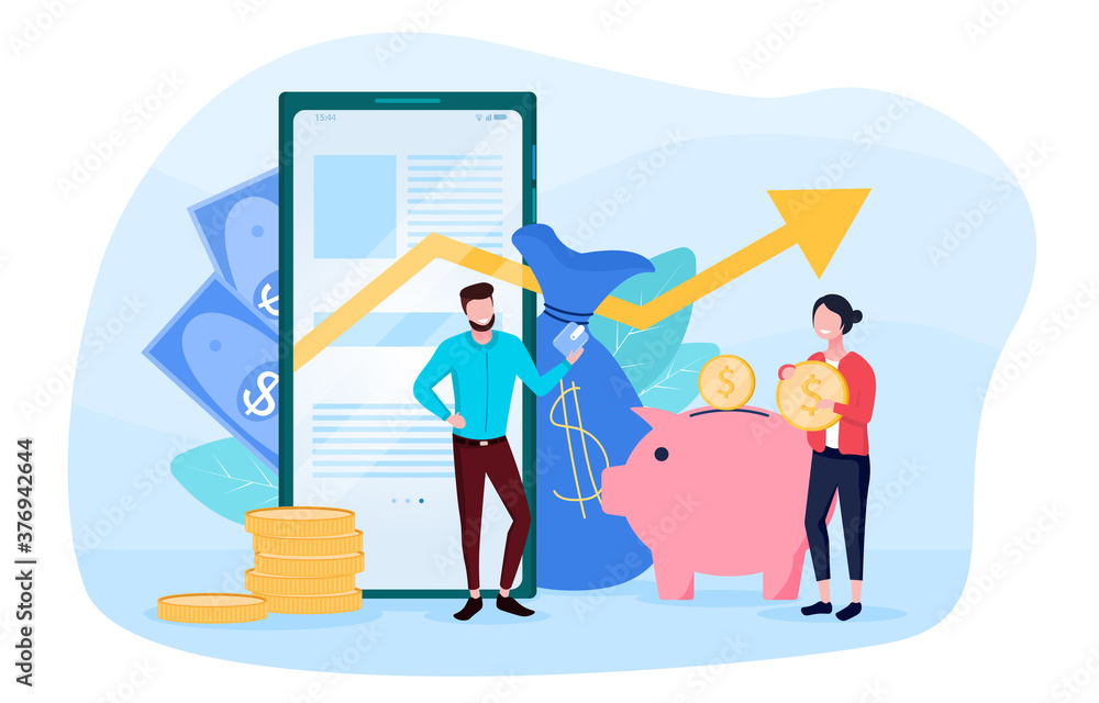 Money saving concept with a man and a woman standing in the background of a smartphone growing graph and piggy Bank. Flat vector illustration Money saving concept with a man and a woman standing in the background of a smartphone growing graph and piggy Bank. Flat vector illustration