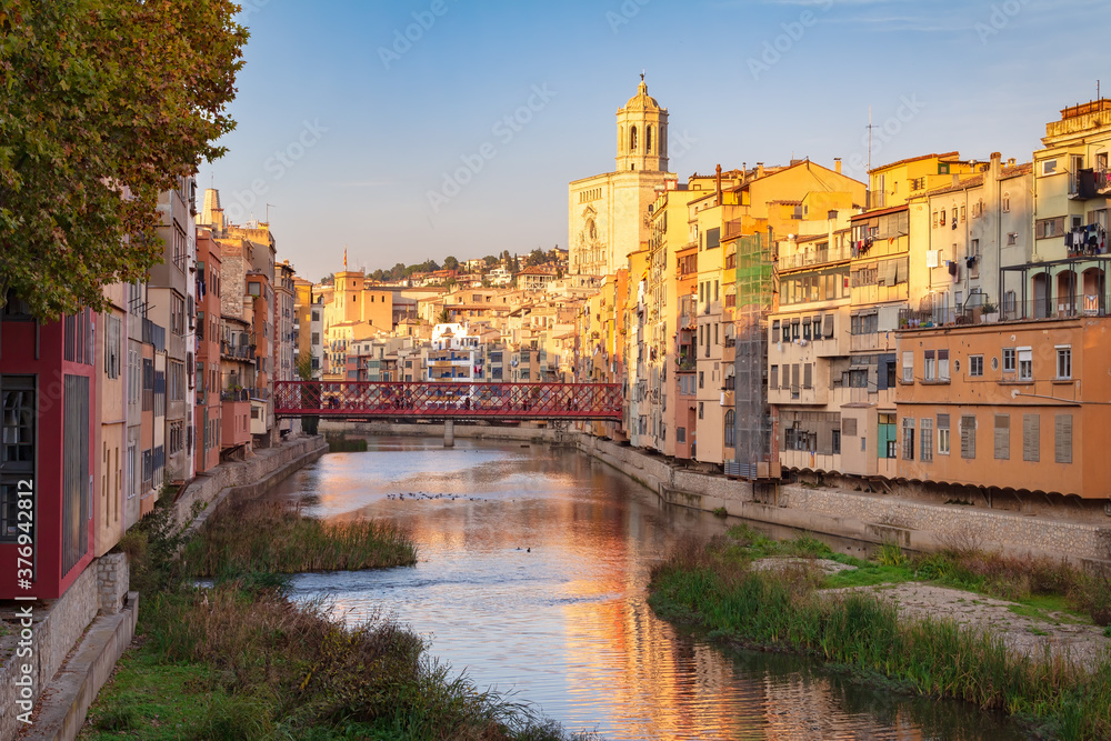 Panoramic of Girona from the bridge of the river Onyar, where you can see the bell tower of the Cathedral. Girona, Catalonia, Spain