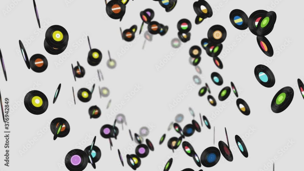 Flying many vinyl records on black background. Old technology. Retro design. 3D animation of music record rotating. Loop animation. Flying many vinyl records on black background. Old technology. Retro design. 3D animation of music record rotating. Loop animation.