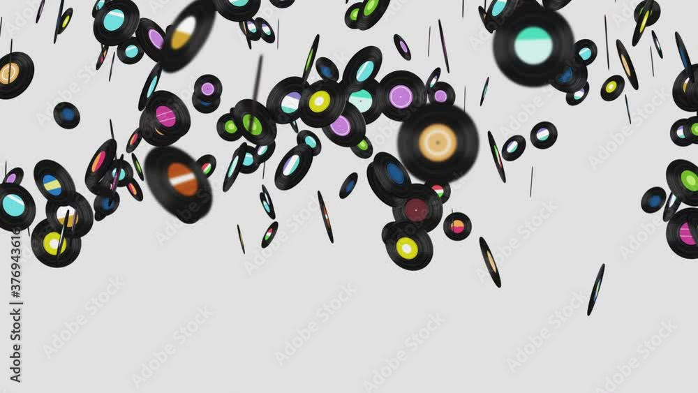 Flying many vinyl records on black background. Old technology. Retro design. 3D animation of music record rotating. Loop animation. Flying many vinyl records on black background. Old technology. Retro design. 3D animation of music record rotating. Loop animation.