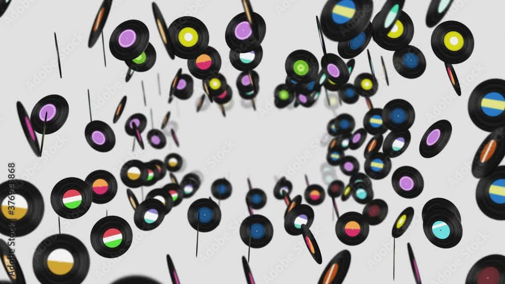 Flying many vinyl records on black background. Old technology. Retro design. 3D animation of music record rotating. Loop animation. Flying many vinyl records on black background. Old technology. Retro design. 3D animation of music record rotating. Loop animation.