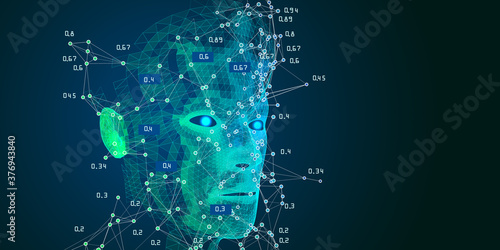 Machine learning. Polygonal technology background with 3d wireframe head. Data science. Artificial intelligence concept for business and scientific. Big data.