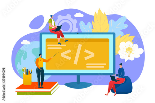 Programming education concept, programmers learn coding on computer vector illustration. People reate code or program on programming languages. Online internet learning. Modern education technology.