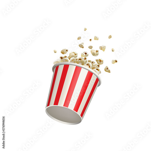 Popcorn splash movie round bucket cup. Realistic vector cinema pop corn paper bowl red white box. Blow up flying pop corn. Oops fall down. Isolated advertisemnt illustration