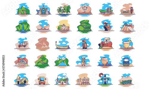 Isolated set group Peru landscape travel icon- Vector