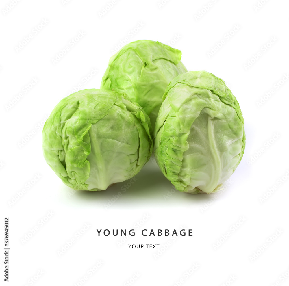 Fototapeta premium White cabbage fresh, young with water drops isolated on a white background. With an inscription and a place to copy. Side view. The concept of proper nutrition.