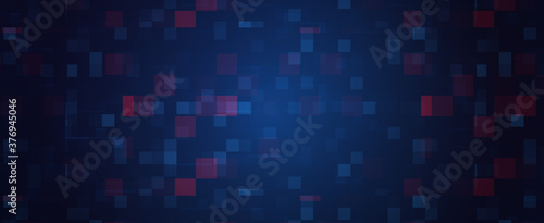 Abstract Digital Futuristic Technology Pixel Panoramic Banner  Background. 3D rendering illustration Dark BLUE backgroud texture in rectangular  pattern with random repeating red blue rectangles.