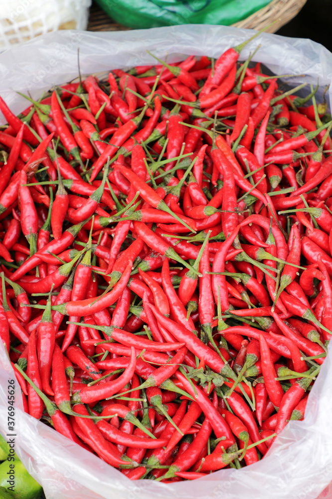 Red chili pepper sold in a food street market