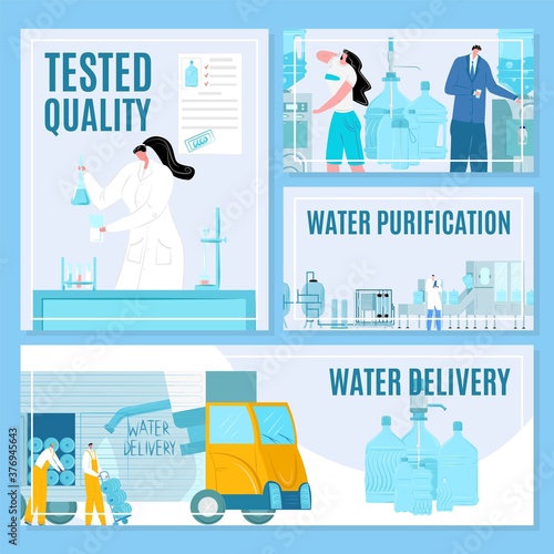 Water delivery and purification process vector illustration banners set. Testing and packaging bottles for drink. Water industry. Workers with blue plastic gallons, cooler. Fresh beverage industry.