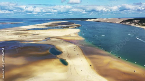 Arcachon Bassin France over Banc d'Arguin with boats anchored on the south passage, Aerial dolly out reveal shot photo
