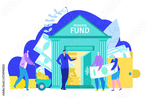 Pension fund concept, retirement financial investment in bank and plan insurance social security, isolated on white vector illustration. Eldery people pensioners get pension and savings future money.