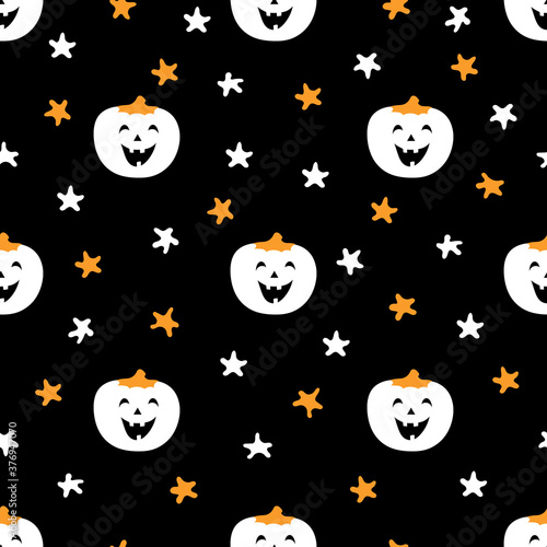 Cute colorful pattern with pumpkin and stars. Vector illustration great for festive background, decoration, cards, wallpaper, digital paper, wrapping paper, prints, fabrics, textile designs, crafts.