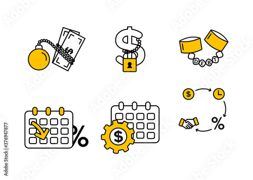 Finance. Vector illustration set of debt icons, debt restructuring