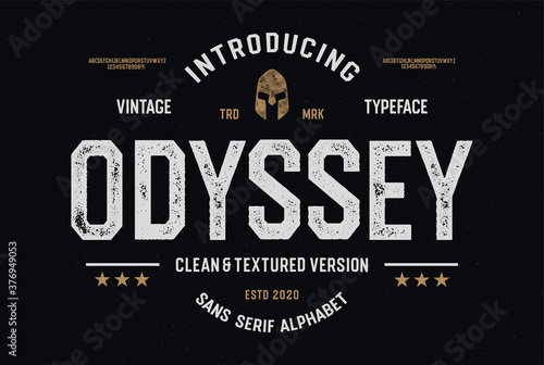" Odyssey". Octagonal Alphabet. Retro Typeface. Clean & Textured Versions Included. Vector Illustration.