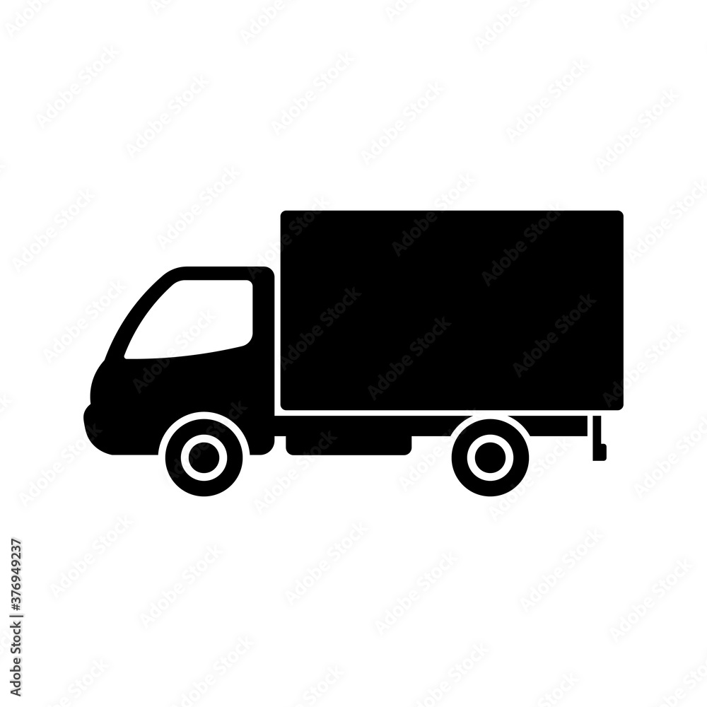 Delivery truck icon. Side view. Black silhouette. Vector flat graphic illustration. The isolated object on a white background. Isolate. Delivery truck icon. Side view. Black silhouette. Vector flat graphic illustration. The isolated object on a white background. Isolate.