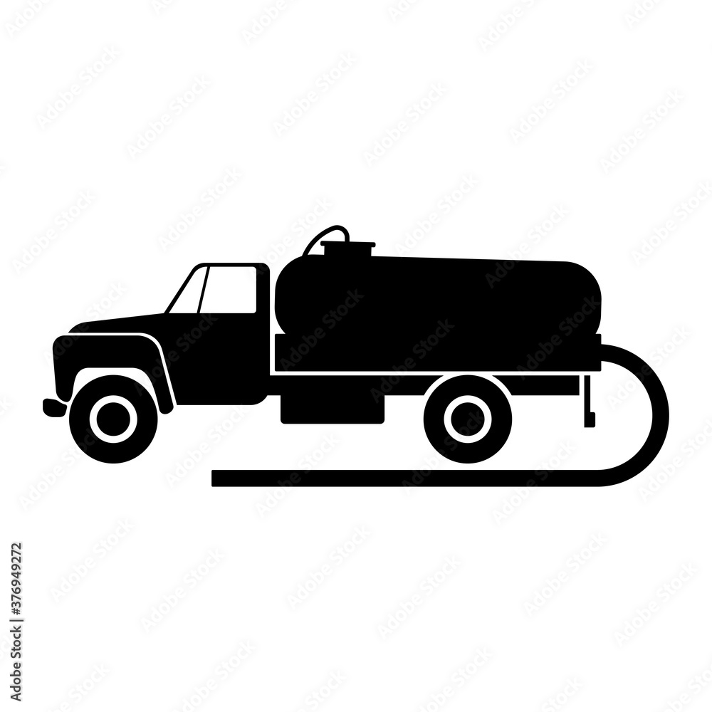 Vacuum cleaner truck icon. Black silhouette. Side view. Vector flat graphic illustration. The isolated object on a white background. Isolate. Vacuum cleaner truck icon. Black silhouette. Side view. Vector flat graphic illustration. The isolated object on a white background. Isolate.