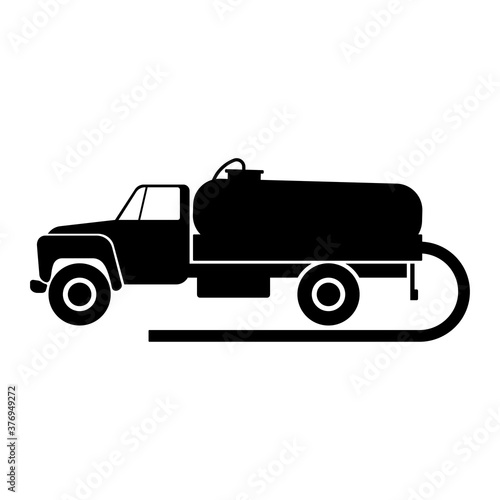 Vacuum cleaner truck icon. Black silhouette. Side view. Vector flat graphic illustration. The isolated object on a white background. Isolate.