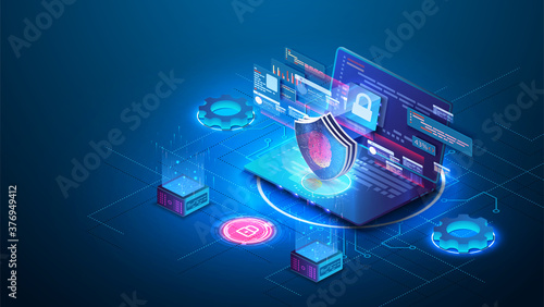 Security Data Protection concept on blue laptop. Isometric digital protection mechanism, system privacy. Window with user authorization. Data secure. Safety internet technology, data secure. Vector