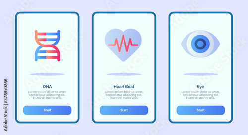 Medical icon DNA heart beat eye for mobile apps template banner page UI with three variations modern flat color style