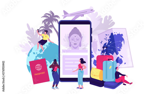 Travel blog concept vector illustration. Travelling symbols with airplane model, smartphone, plane ticket, passport and globe. Travelers blogging online their journey video at vacations.