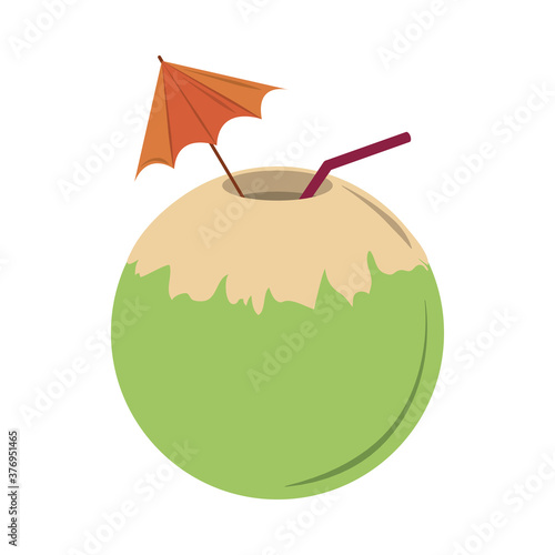 cocktail coconut with straw and umbrella flat icon style