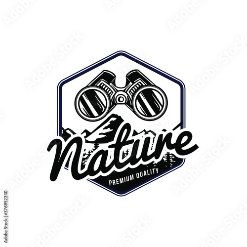 Emblem Badge Nature Binoculars with Mountain and Tree Logo Vintage Retro Illustration Icon Template
