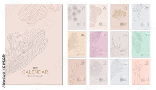 2021 calendar template on a botanical theme. Calendar design concept with abstract natural elements. Set of 12 months 2021 pages. Vector illustration