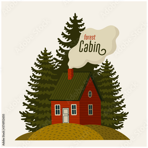 Forest cabin. Wood house and pine trees on light background