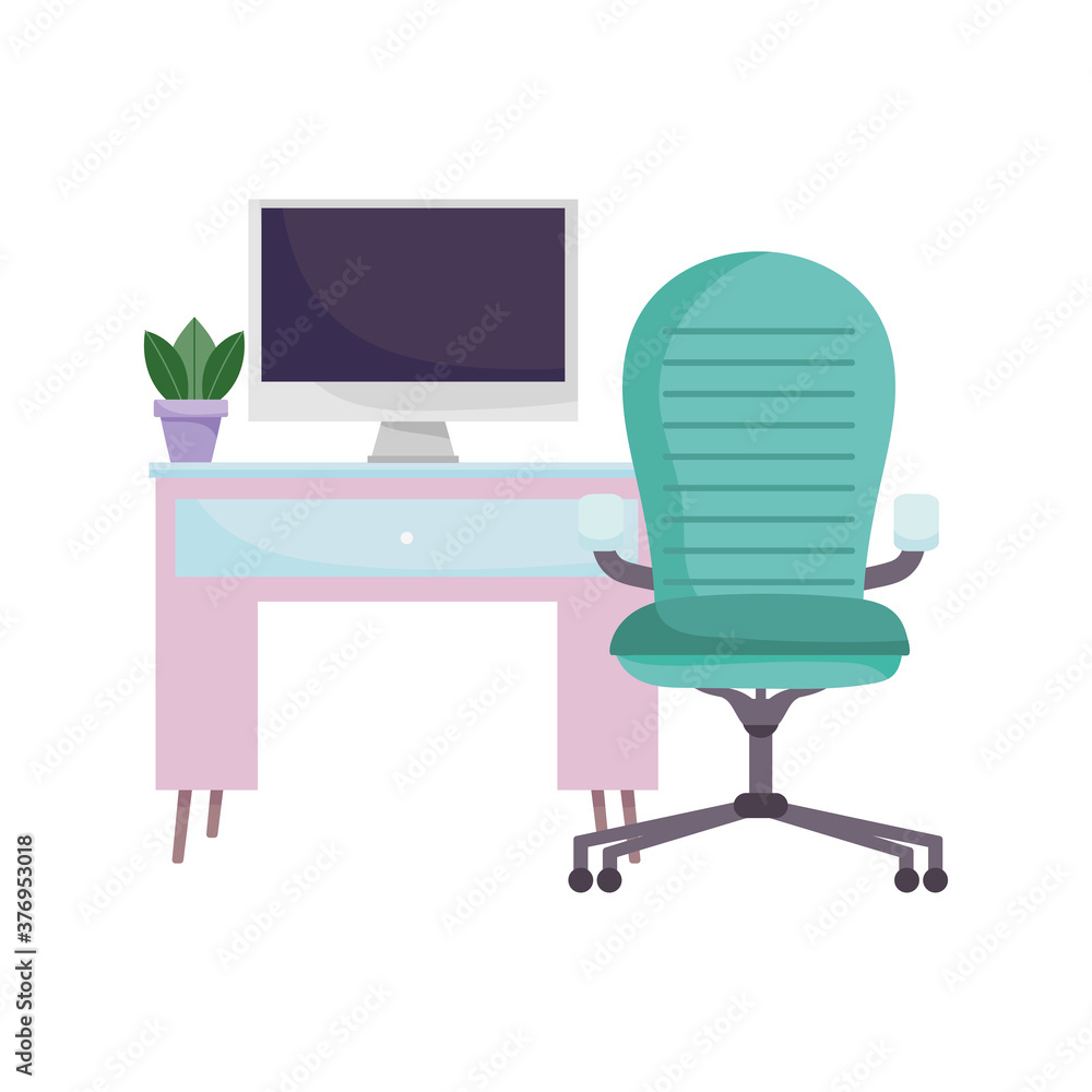 workspace green chair desk computer and plant isolated design white background workspace green chair desk computer and plant isolated design white background