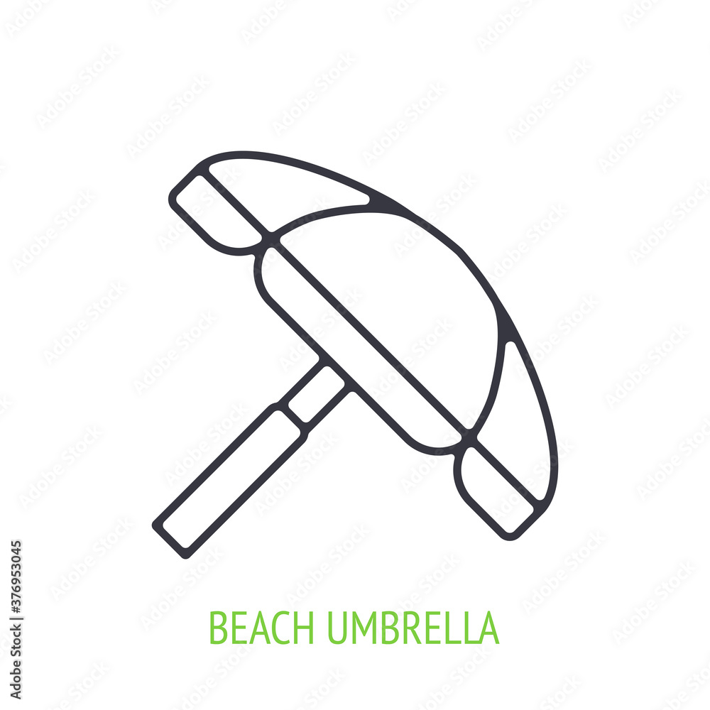 Beach umbrella outline icon. Vector illustration. Symbol of summertime, travel and resort relaxation. Parasol for sun protection. Thin line pictogram for user interface. Isolated white background Beach umbrella outline icon. Vector illustration. Symbol of summertime, travel and resort relaxation. Parasol for sun protection. Thin line pictogram for user interface. Isolated white background